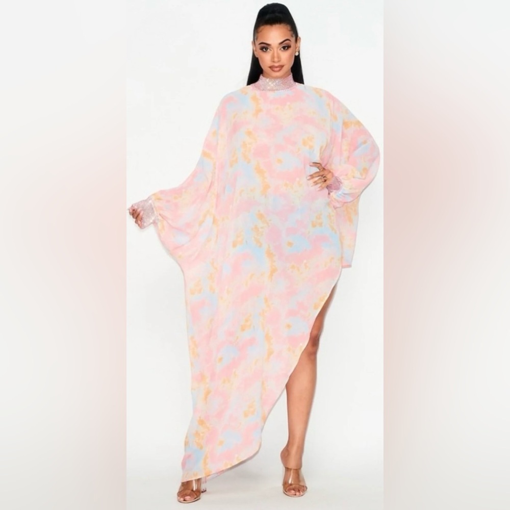NWT Women's Empress Chiffon Asymmetrical Embellished Dress Top Pink Multi